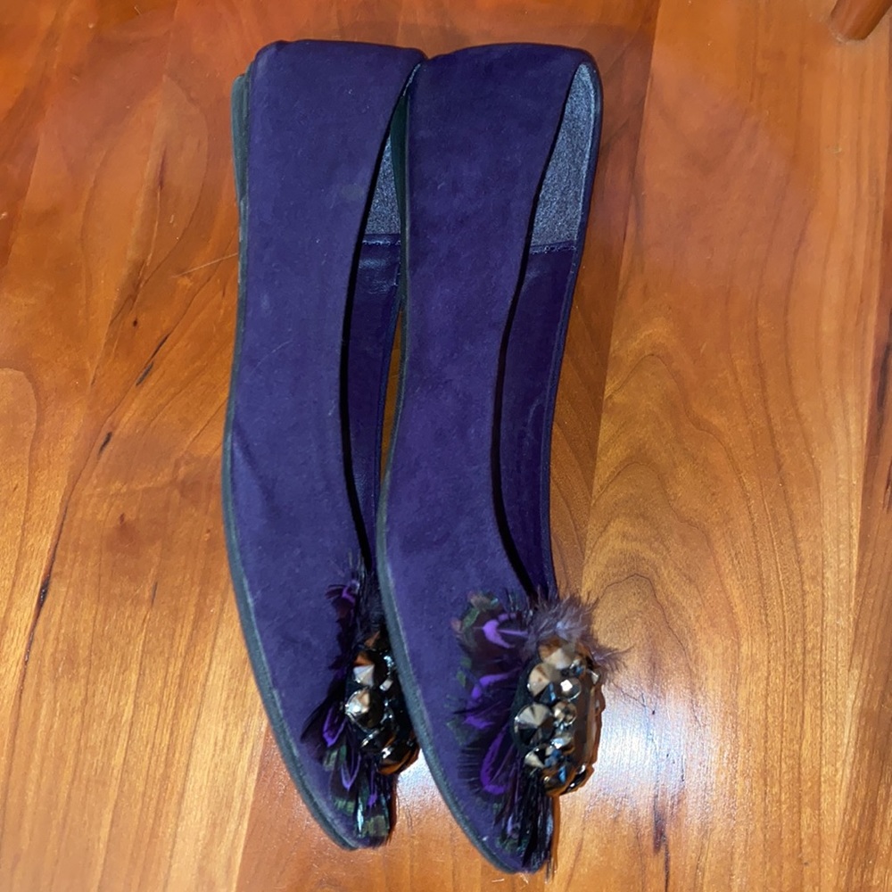 Aldo Ballet Flats Shoe Cunningham Purple Rhinestones Gem Feathers Faux Suede 8 - Picture 5 of 8